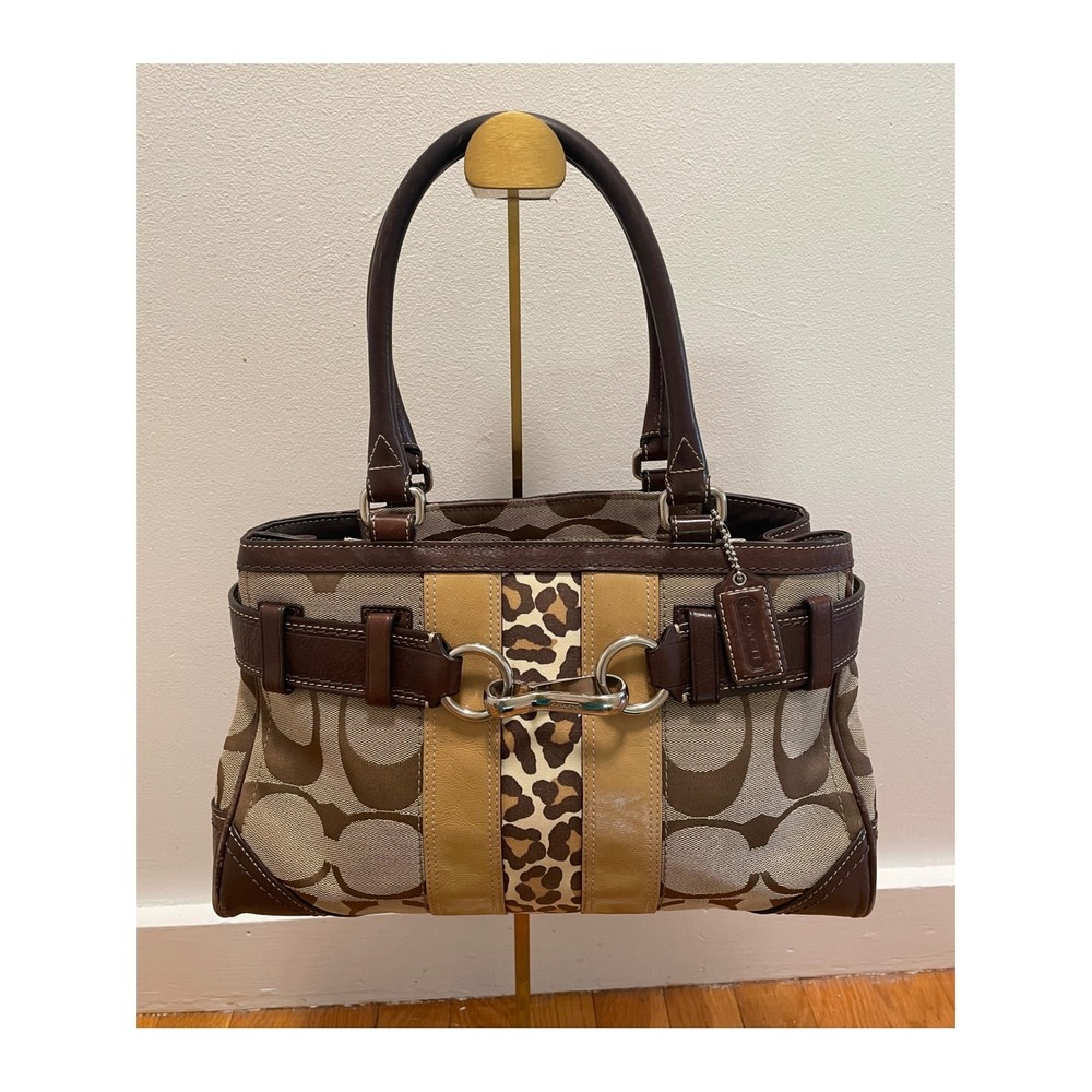 Coach Hampton Satchel Signature Canvas Brown Leopard  F13073 Leather Trim